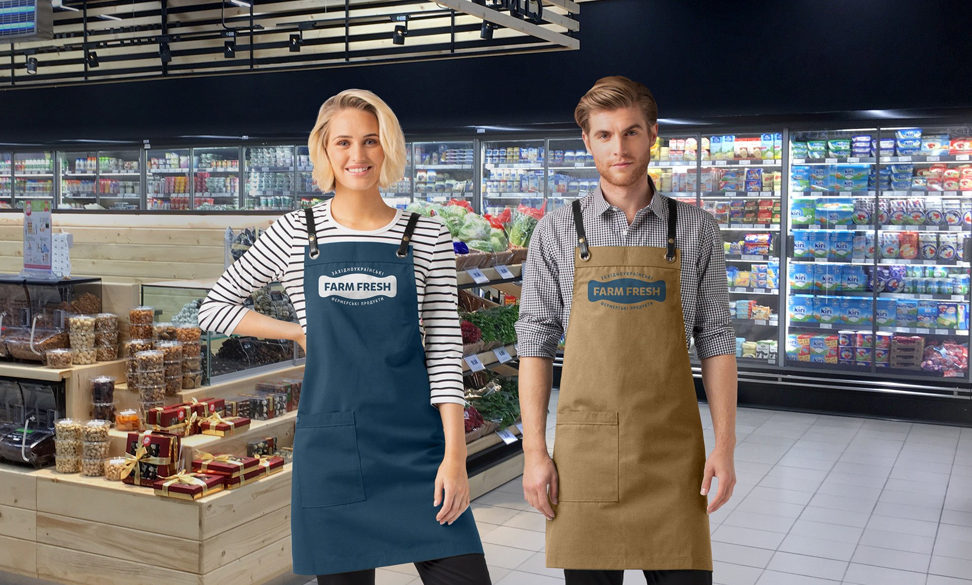 Фірмові фартухи «Farm Fresh» на працівниках супермаркету