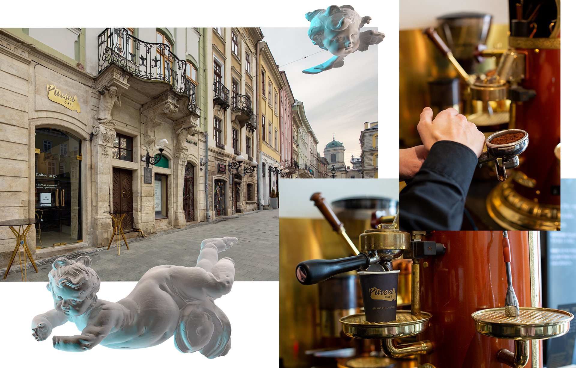 collaged image of Pinsel Cafe exterior, angels sculptures and coffee machine