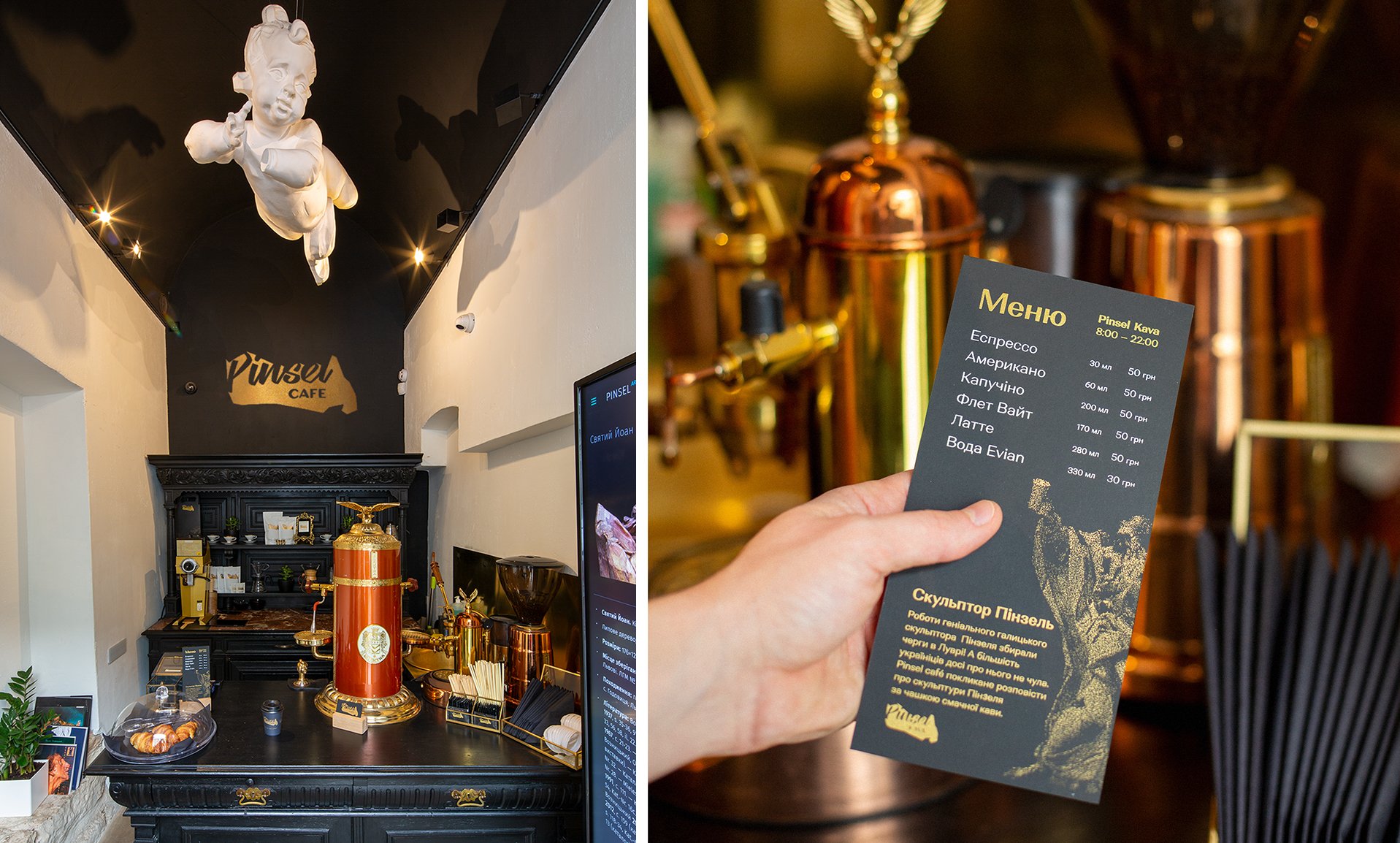 Collaged photo of Pinsel Cafe interior and menu